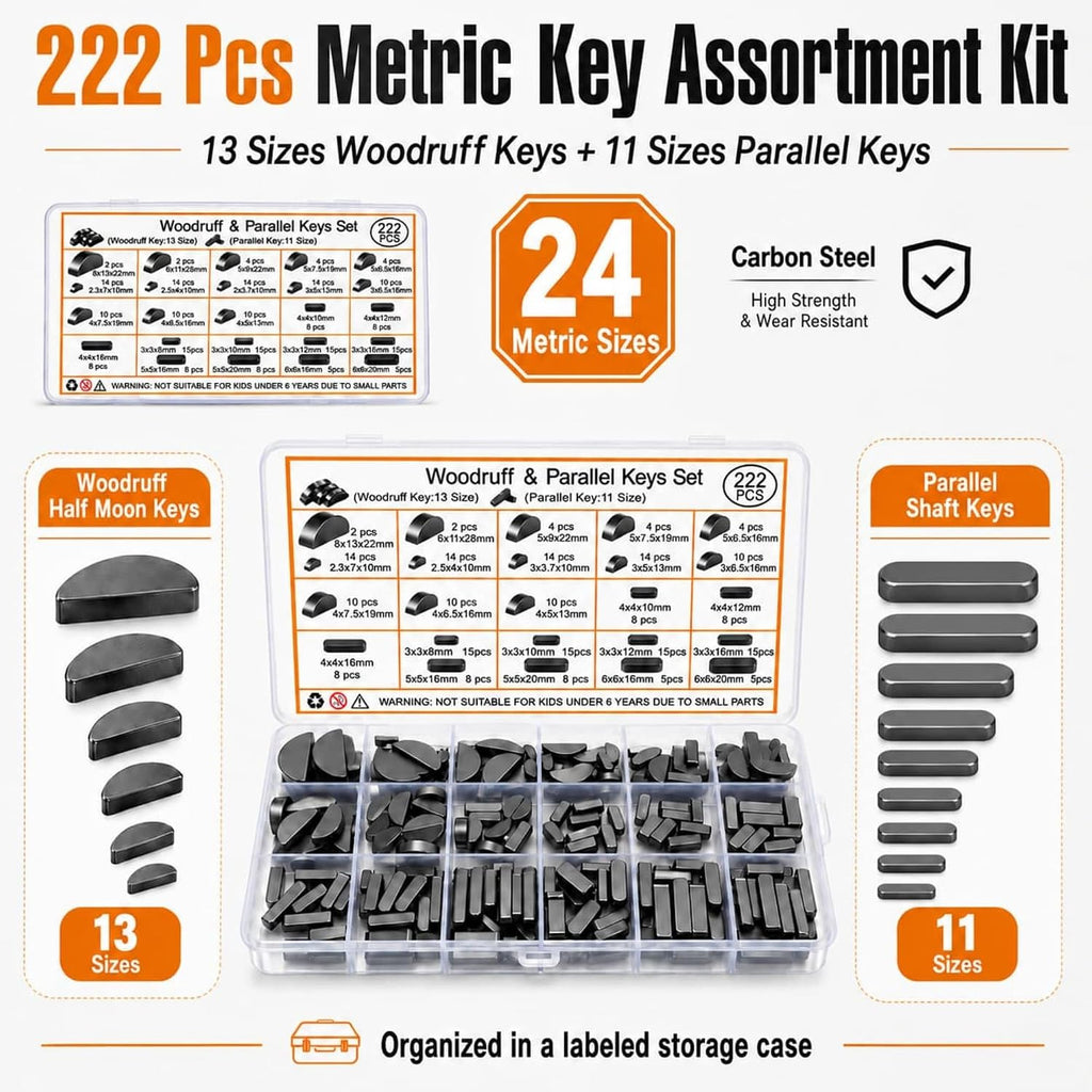 222 Pcs Metric Woodruff Key Assortment Kit with Parallel Keys, Carbon Steel
