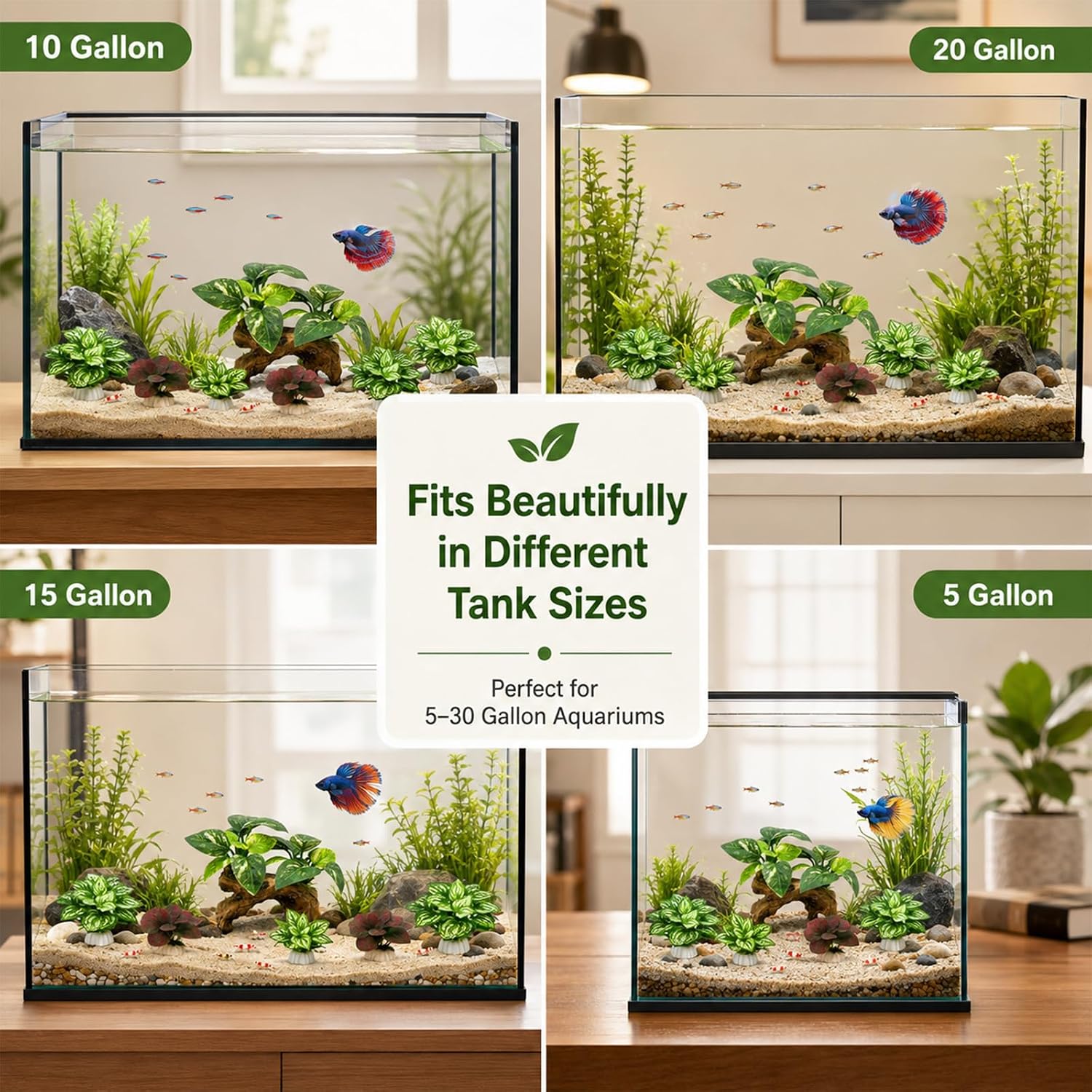 9-Pack Silk Aquarium Plants & Driftwood Cave Fish Tank Decor Accessories | Soft Silk Plants Aquarium Decorations