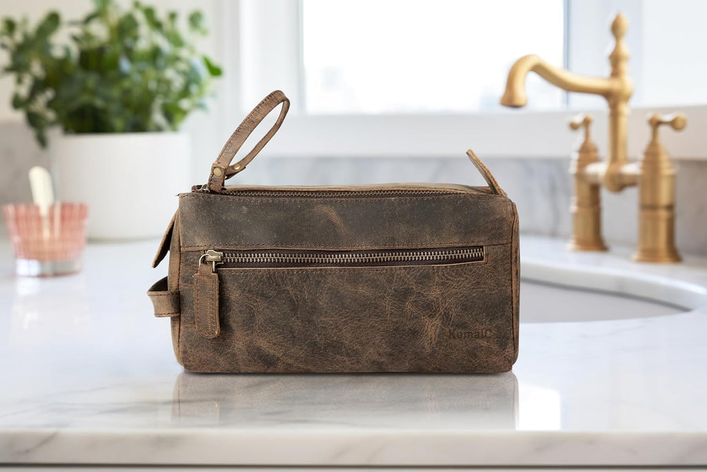 Premium Buffalo Leather Toiletry Bag for Men & Women With Water resistant Lining, Grooming Travel Pouch, Unisex Wash