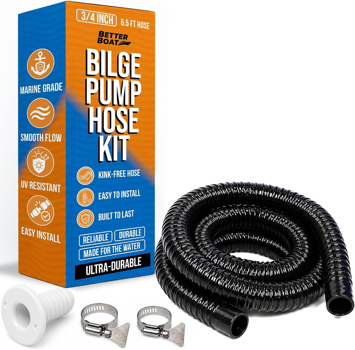 3/4 Bilge Pump Hose Kit, Includes 6.5 Ft Hose, Thru Hull Discharge Outlet