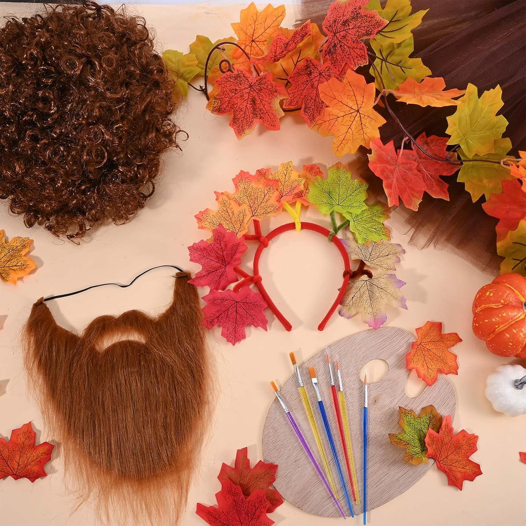 80s Painter Couple Costume Include Leaf Tutu,Headband,Garland,Curly Wig Beard and Painting Brushes Set for Adults