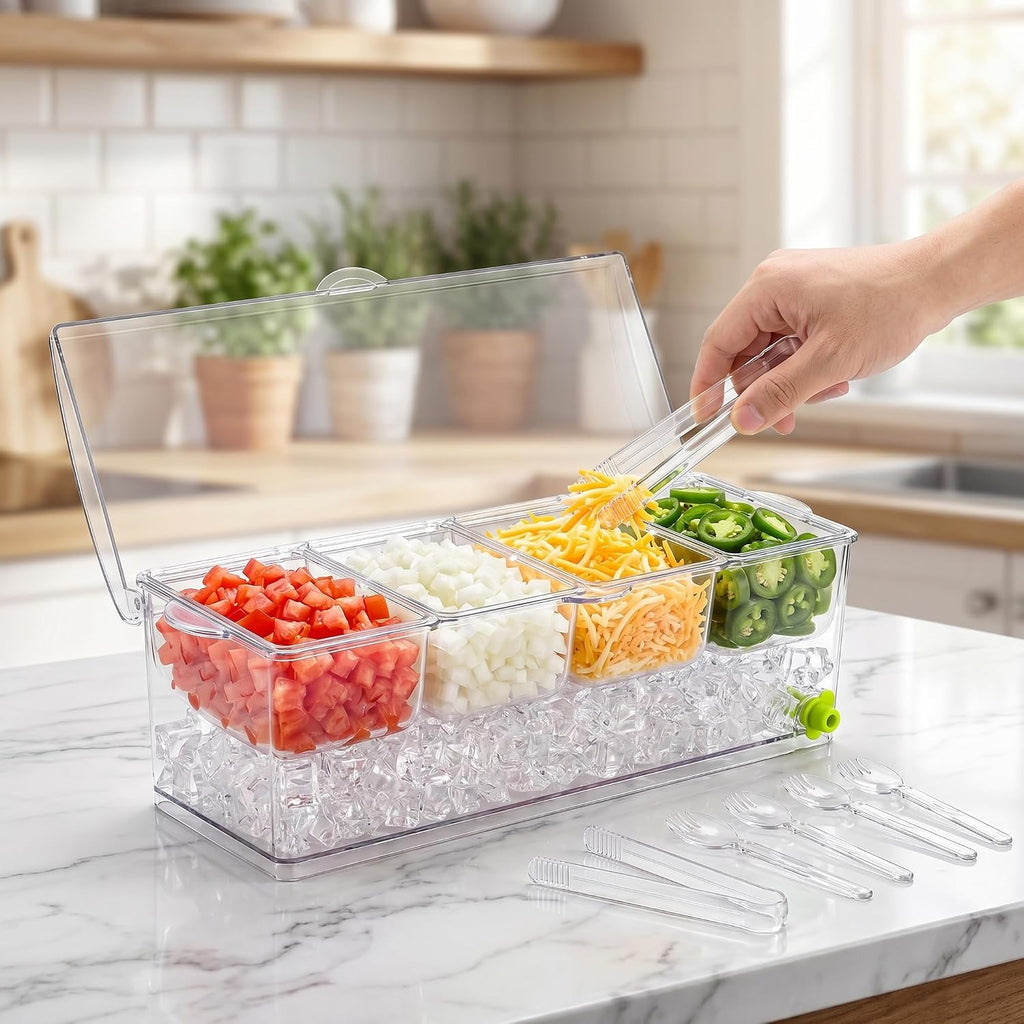 Large Ice Chilled Condiment Server with Lid, 4 Compartments Chilled Condiment Caddy, Bar Garnish Serving Platter