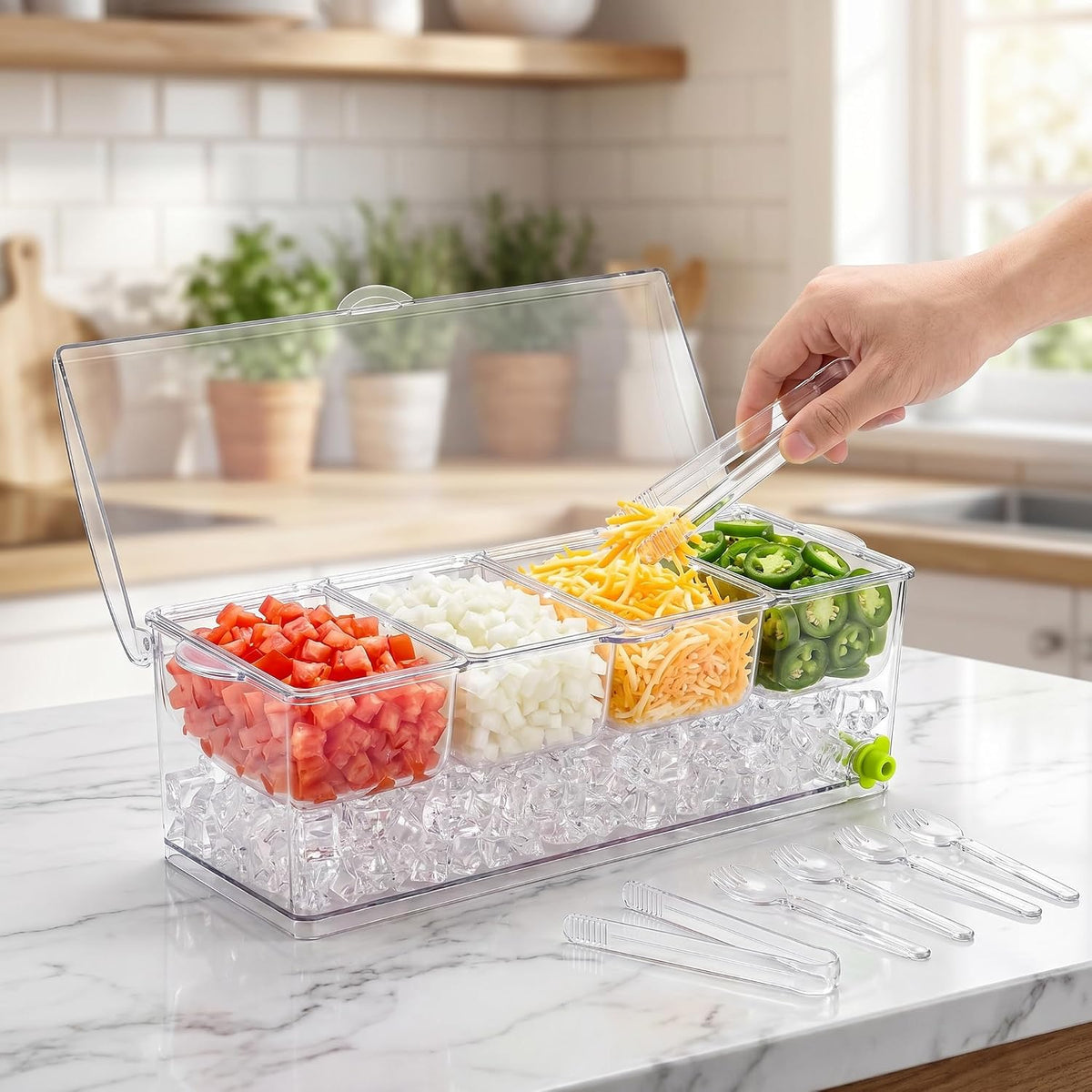Large Ice Chilled Condiment Server with Lid, 4 Compartments Chilled Condiment Caddy, Bar Garnish Serving Platter