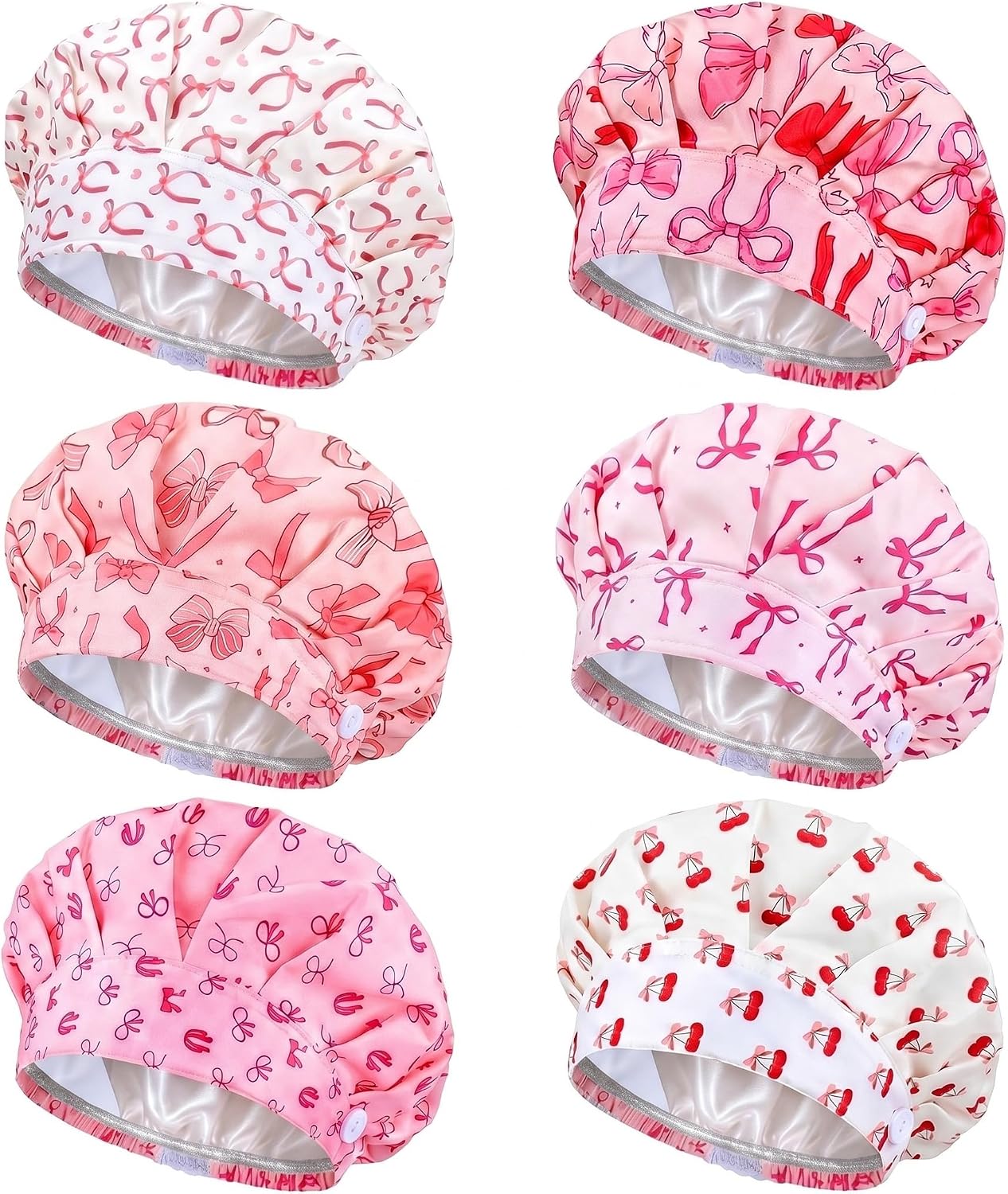 6Pcs Satin Lined Scrub Cap Women Surgical Nurse Cap Ponytail Adjustable Tie Back Girly Nursing Working Hat with Button