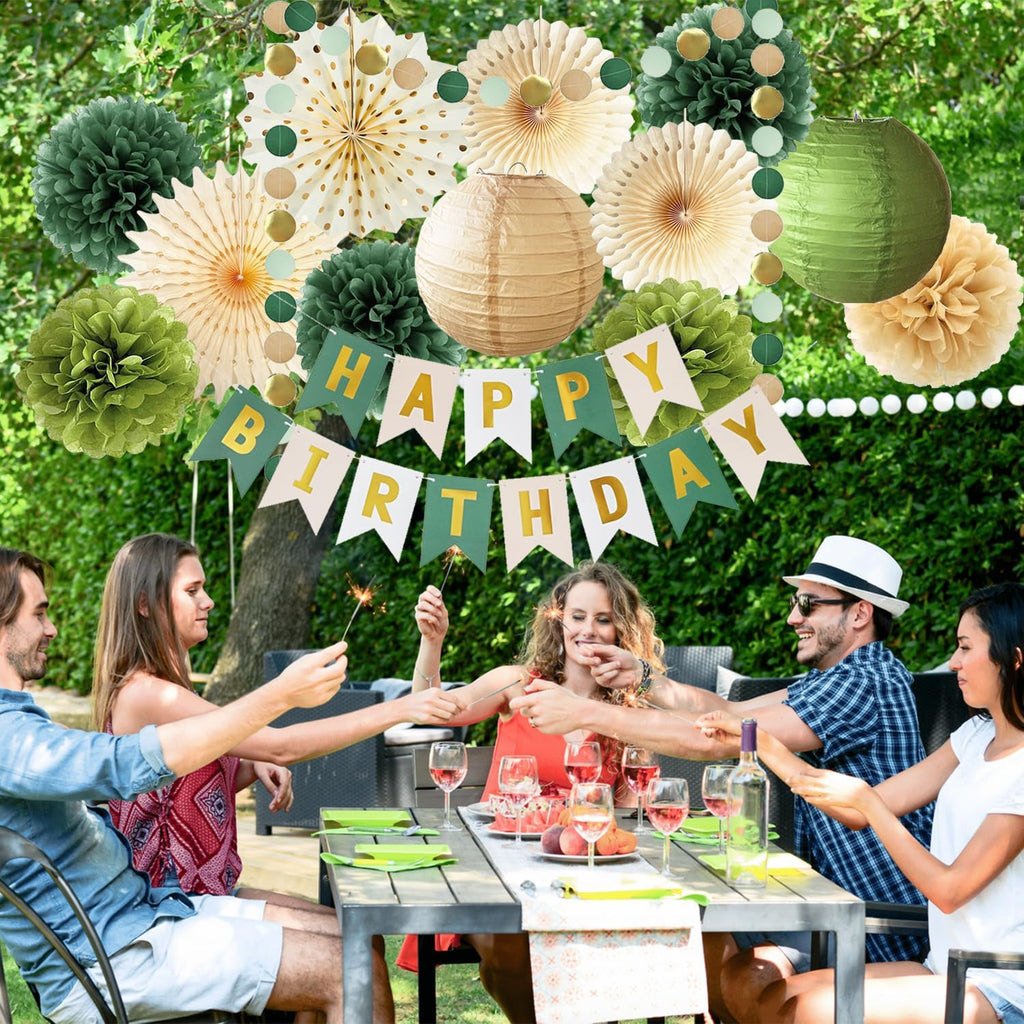 Green Birthday Party Decorations Olive Green Birthday Cream Tissue Pom Poms Paper Lanterns Circle Garland Hanging