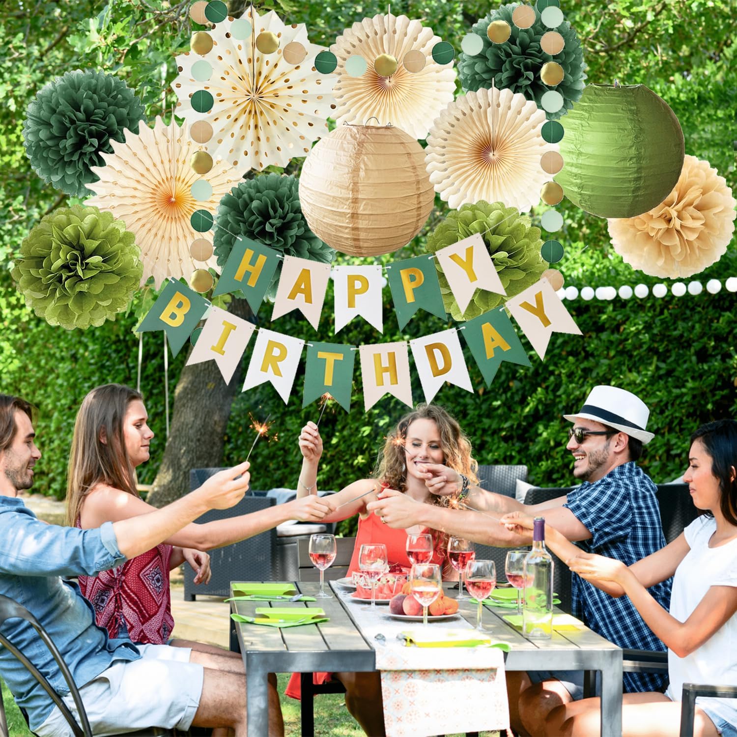 Green Birthday Party Decorations Olive Green Birthday Cream Tissue Pom Poms Paper Lanterns Circle Garland Hanging