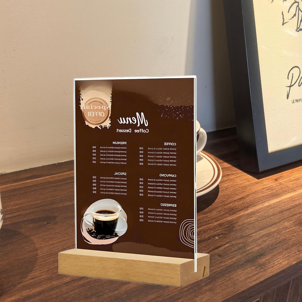 8.5x11 Acrylic Sign Holder with Wood Base 3 Pack | L/T Shape, Vertical Double-sided or Slant Back Table Display Stand