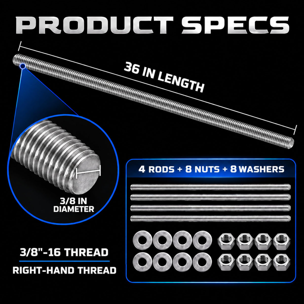 304 SS Fully Threaded Rod, 3/8"-16 x 36, 4-Pack