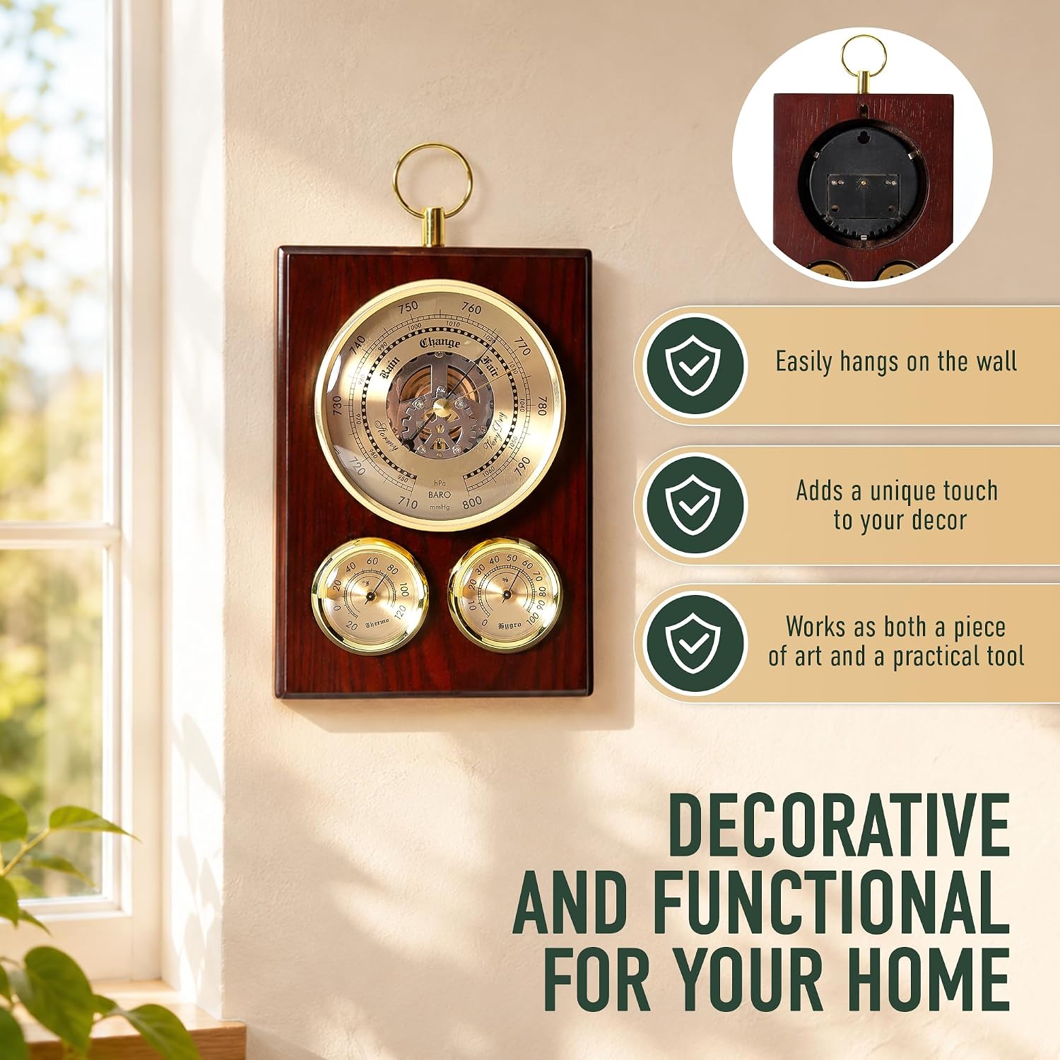 Analog Barometer Hygrometer Thermometer Weather Station, Vintage Wooden Desk Or Wall Analog Barometers for the Home