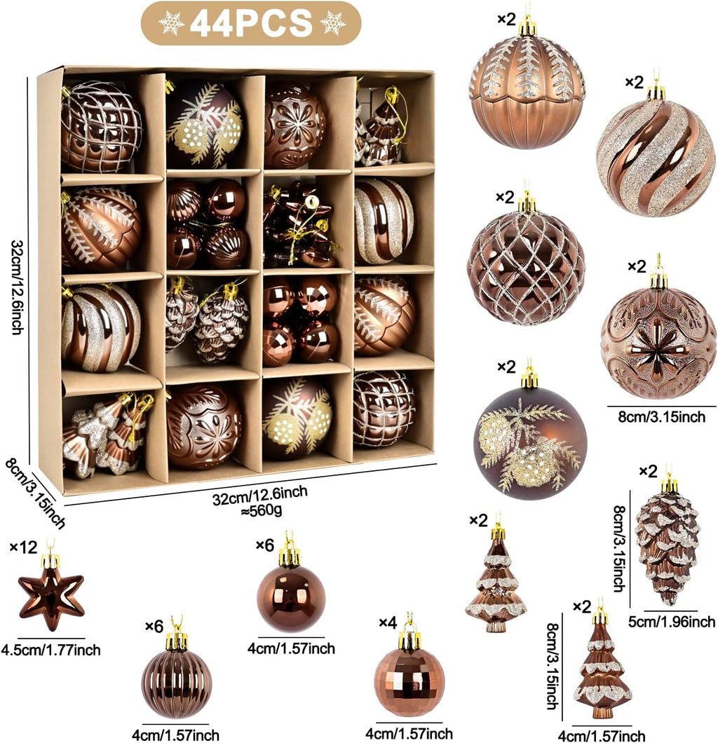 Christmas Ball Ornaments Set, 44ct 80mm Bronze Copper Gold Assorted Xmas Tree Ball Ornaments, Shatterproof Brown