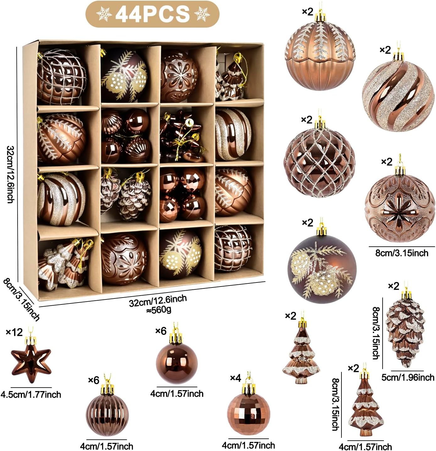 Christmas Ball Ornaments Set, 44ct 80mm Bronze Copper Gold Assorted Xmas Tree Ball Ornaments, Shatterproof Brown