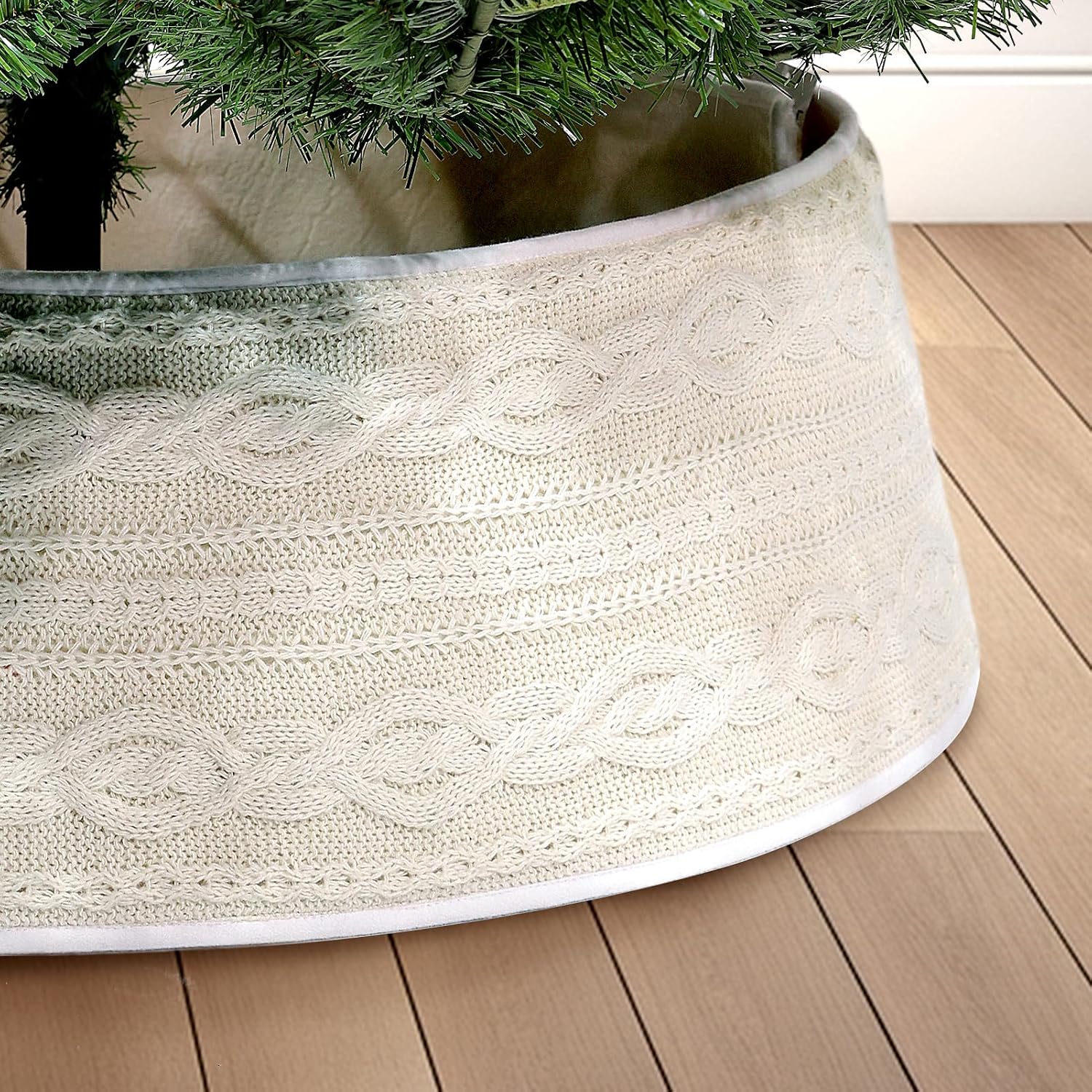 Christmas Tree Collar, Adjustable 28 inch Cable Knit Knitted Thick Rustic Holiday Decoration, Farmhouse Tree Ring