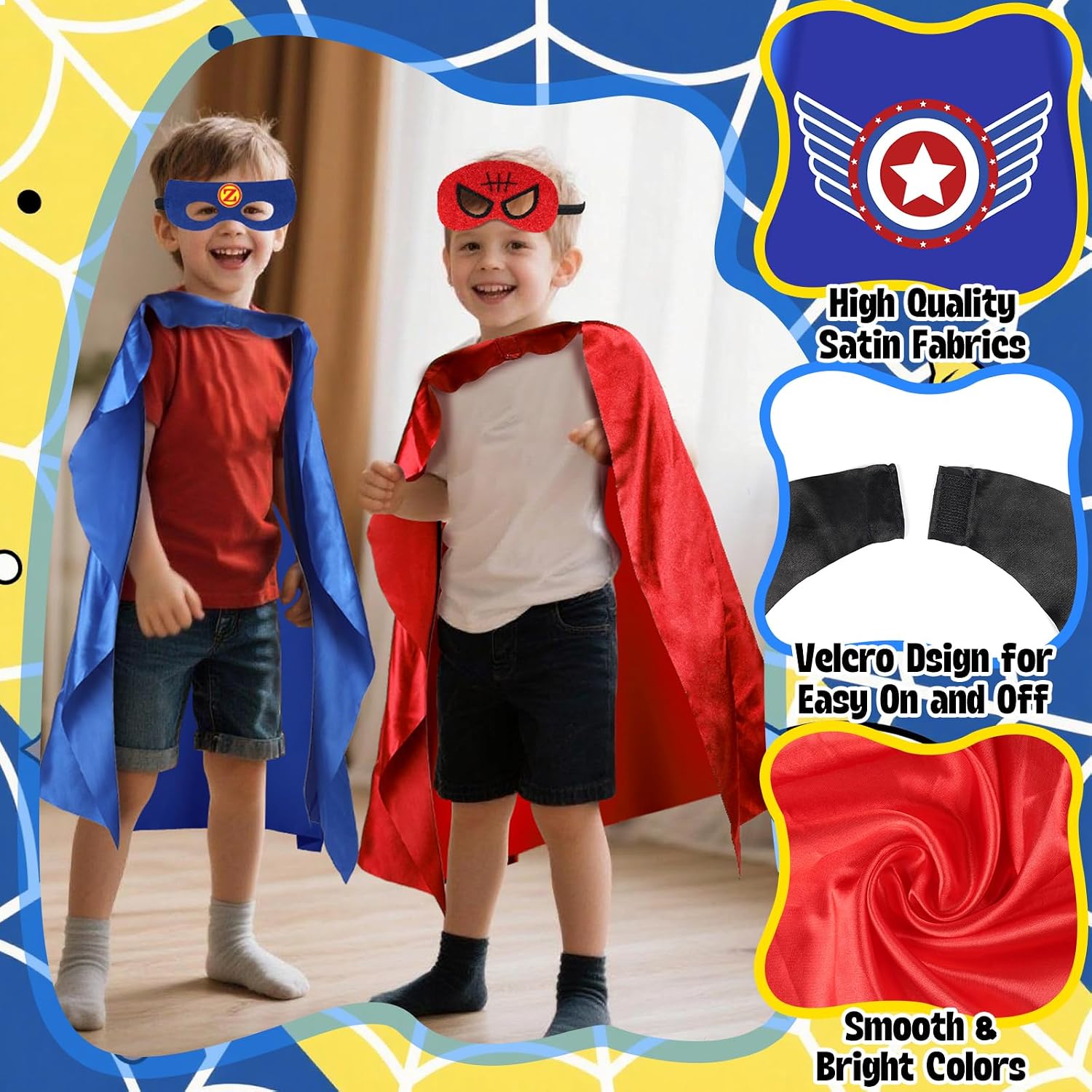 Superhero Capes with Finger Lights, Masks Dress Up for Kids 3-12 | 4 Capes, 4 Masks, 8 Lights for Halloween Costumes