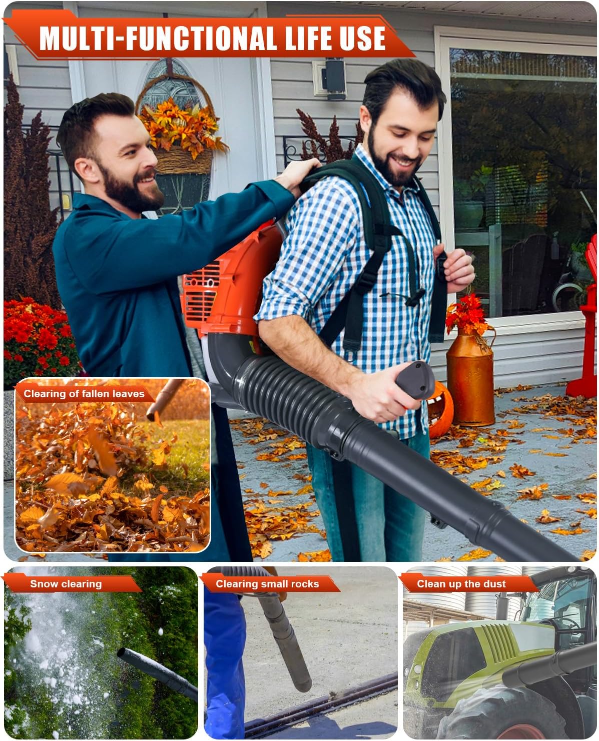 52cc Backpack Leaf Blower – Gas Powered 550 CFM 230 MPH High Airflow for Lawn Care, Low-Vibration Harness, Clears