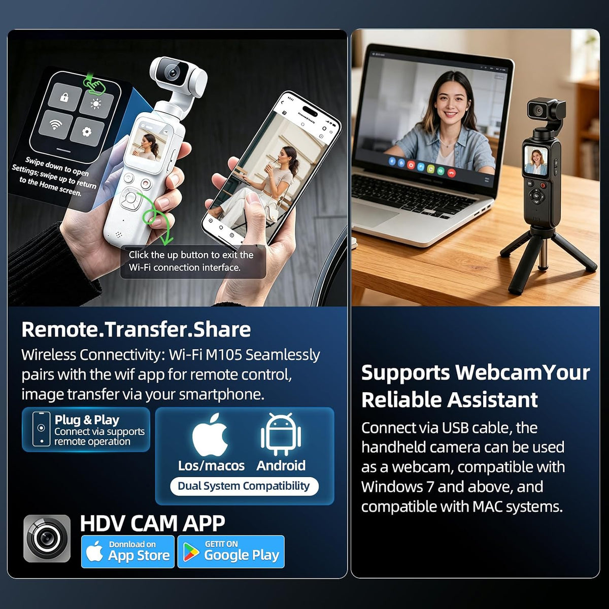 4K Handheld Camera with WiFi,Outdoor Pocket Gimbal Vlogging Camera,330° Rotating Lens Handheld Camcorder,64MP Fast