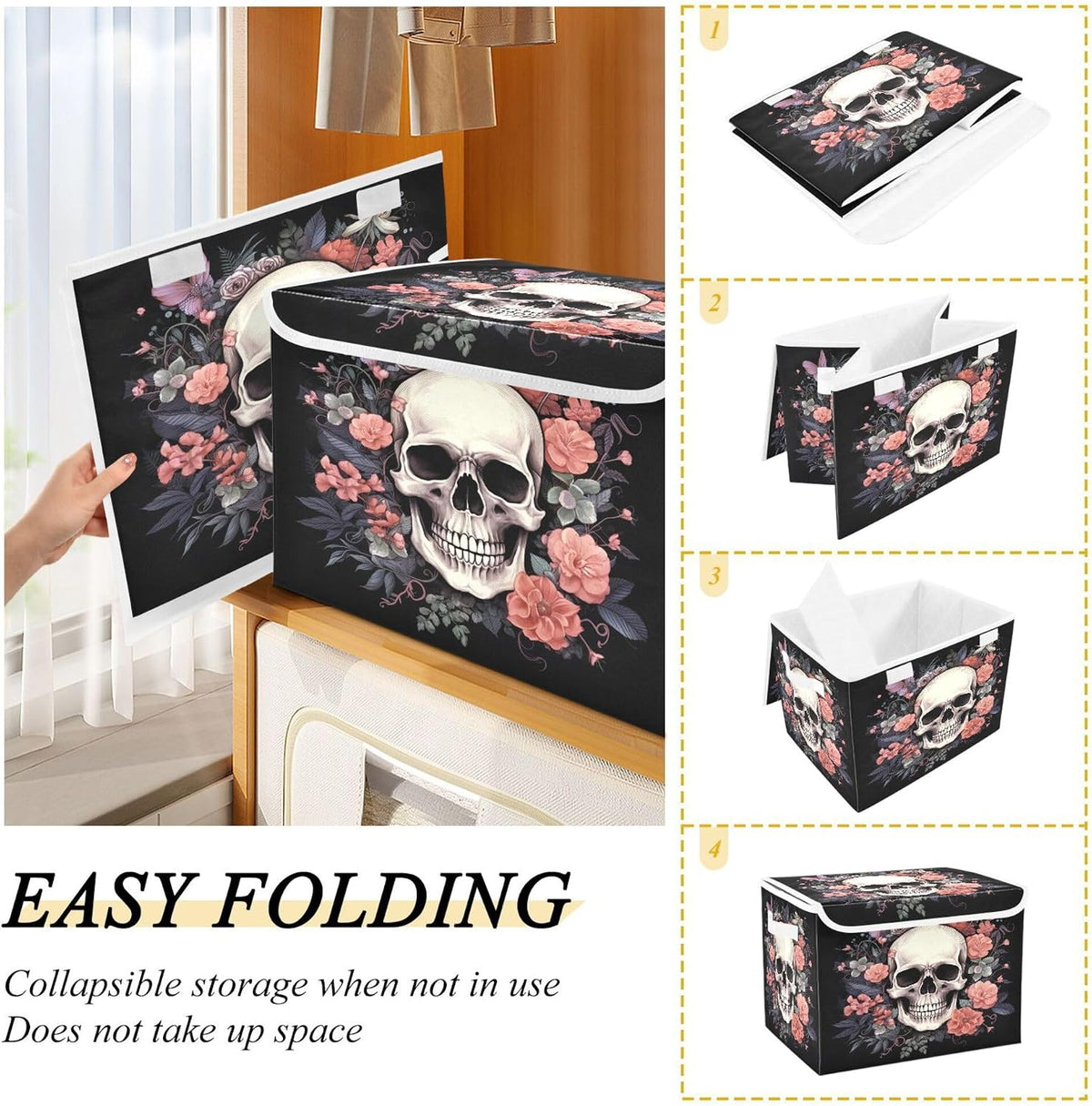 Skull Storage Bins with Lids and Carrying Handle,Foldable Storage Boxes Organizer Containers Baskets Cube with Cover