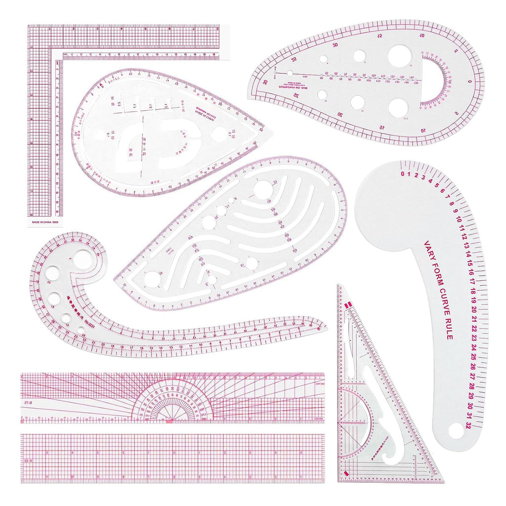 Fashion Clear Metric Sewing Ruler Set, French Curve Pattern Ruler Kit for Beginners Tailors Designers (A-9-Piece Set)