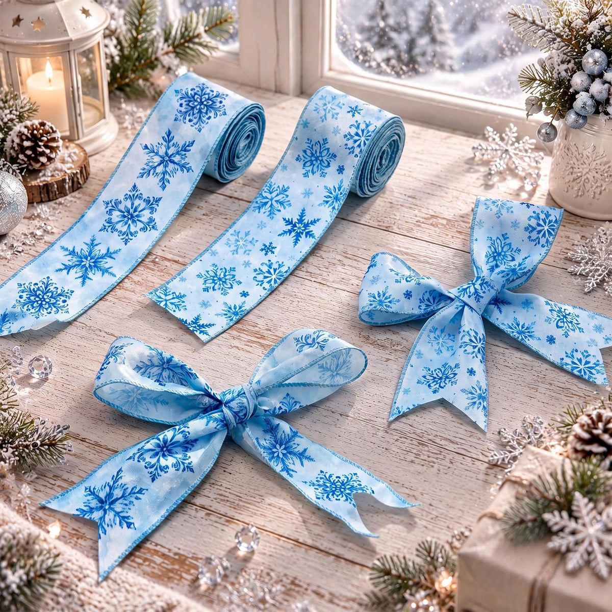 Winter Snowflake Wired Ribbon 2 Rolls, Snowflake Fabric Ribbon