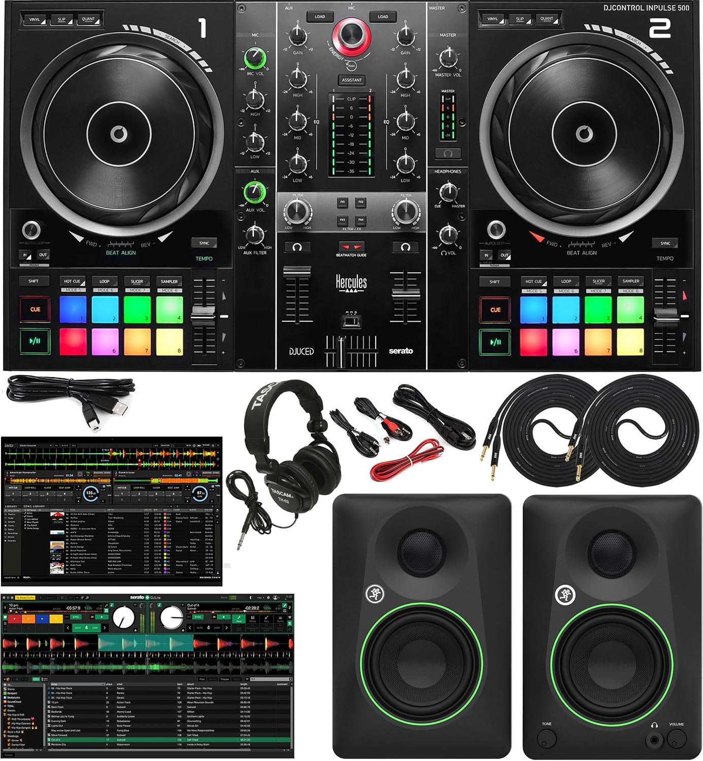 DJControl Inpulse 500 Professional DJ Controller Studio Bundle with 3.5" Powered Monitors, DJ Headphones, RCA/TRS