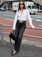 Women's High Waisted Straight Leg Jeans Drawstring Denim Pants