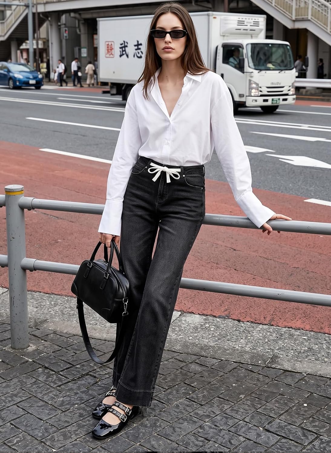 Women's High Waisted Straight Leg Jeans Drawstring Denim Pants