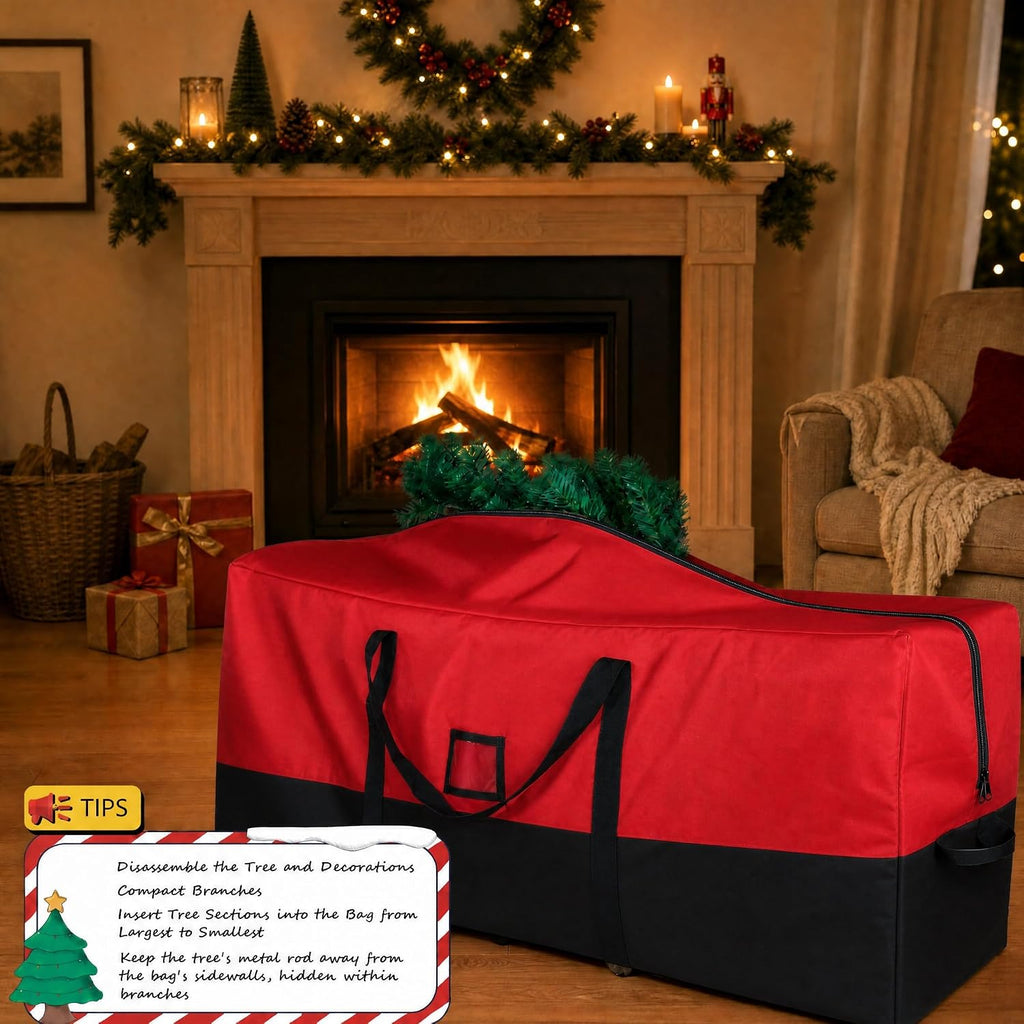 Christmas Tree Storage Bag, 7.5 ft, 600D Oxford, Black Red | Tree Bag, 600D Oxford Fabric, Waterproof Lining