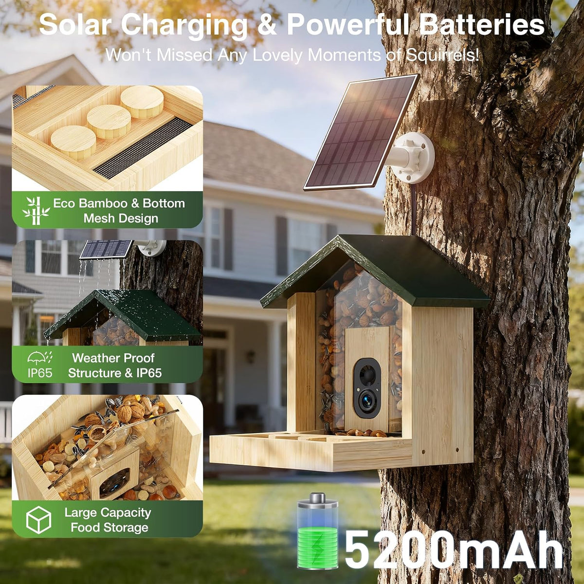 Wooden Squirrel Feeder with Camera, Solar-Powered, 2K HD+ Video
