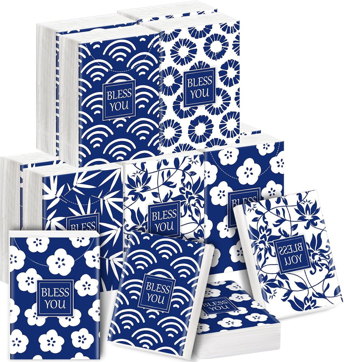 10 Packs Pocket Tissues, Blue Floral Bless You, 3 Ply, 80 Sheets