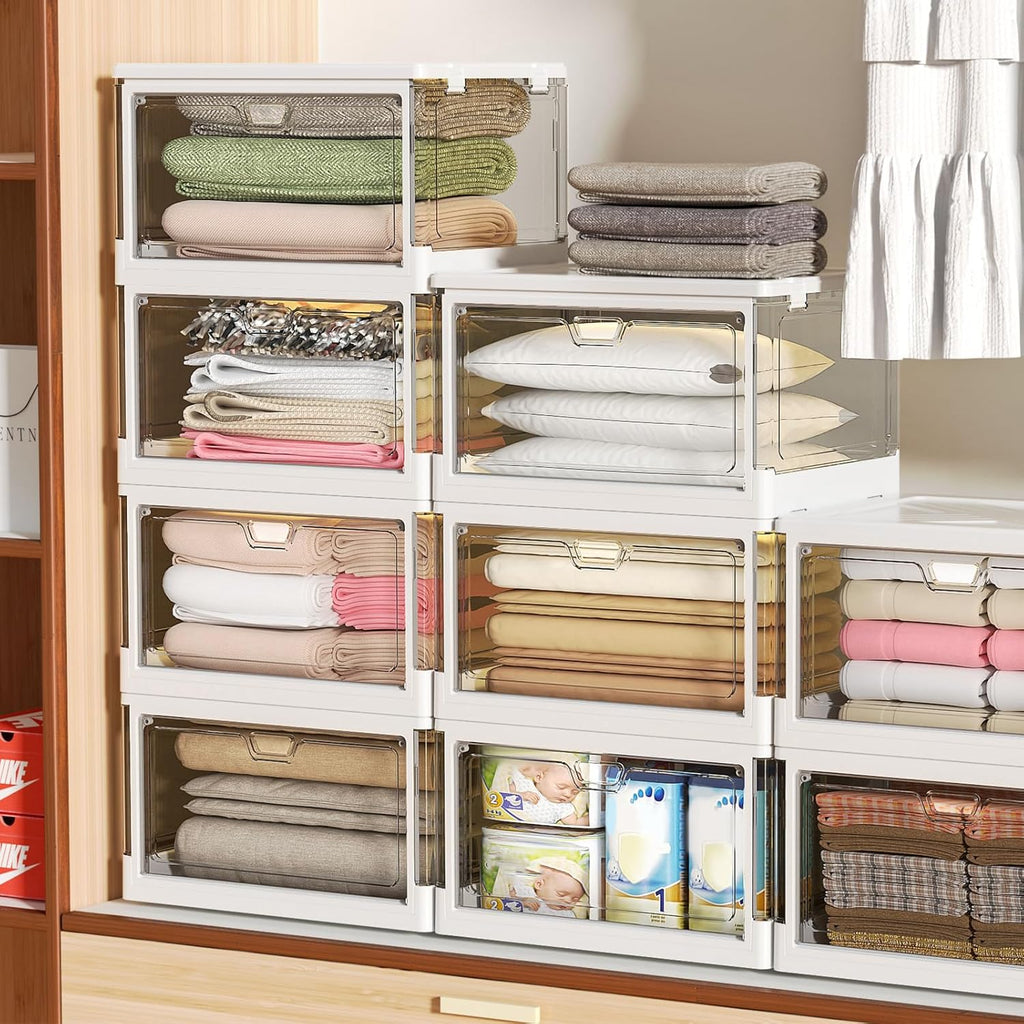 Clear Storage Bin with Lid 3 Pack 【Stackable & Sturdy】 Plastic Multifunctional Folding Storage Bins for Bedroom