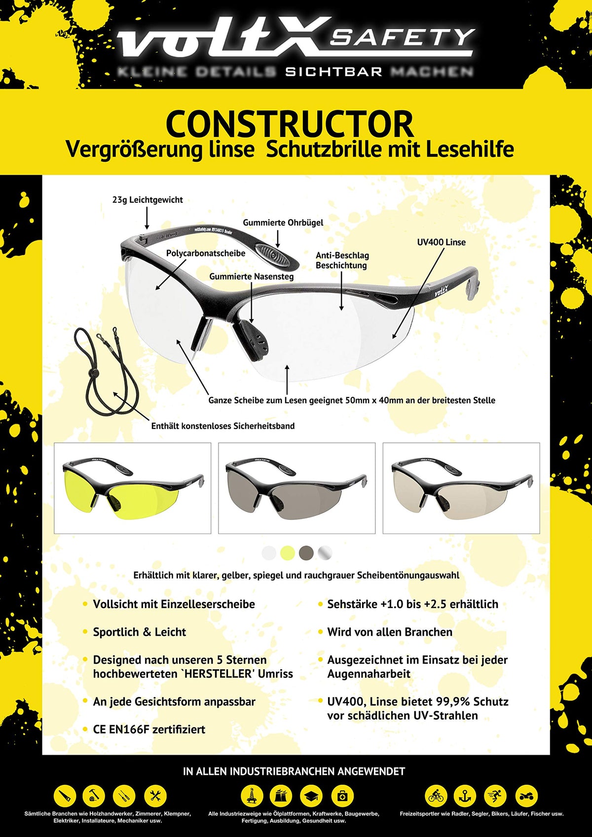 CONSTRUCTOR Mirror Full Lens Reading Safety Glasses +2.5 Dioptre