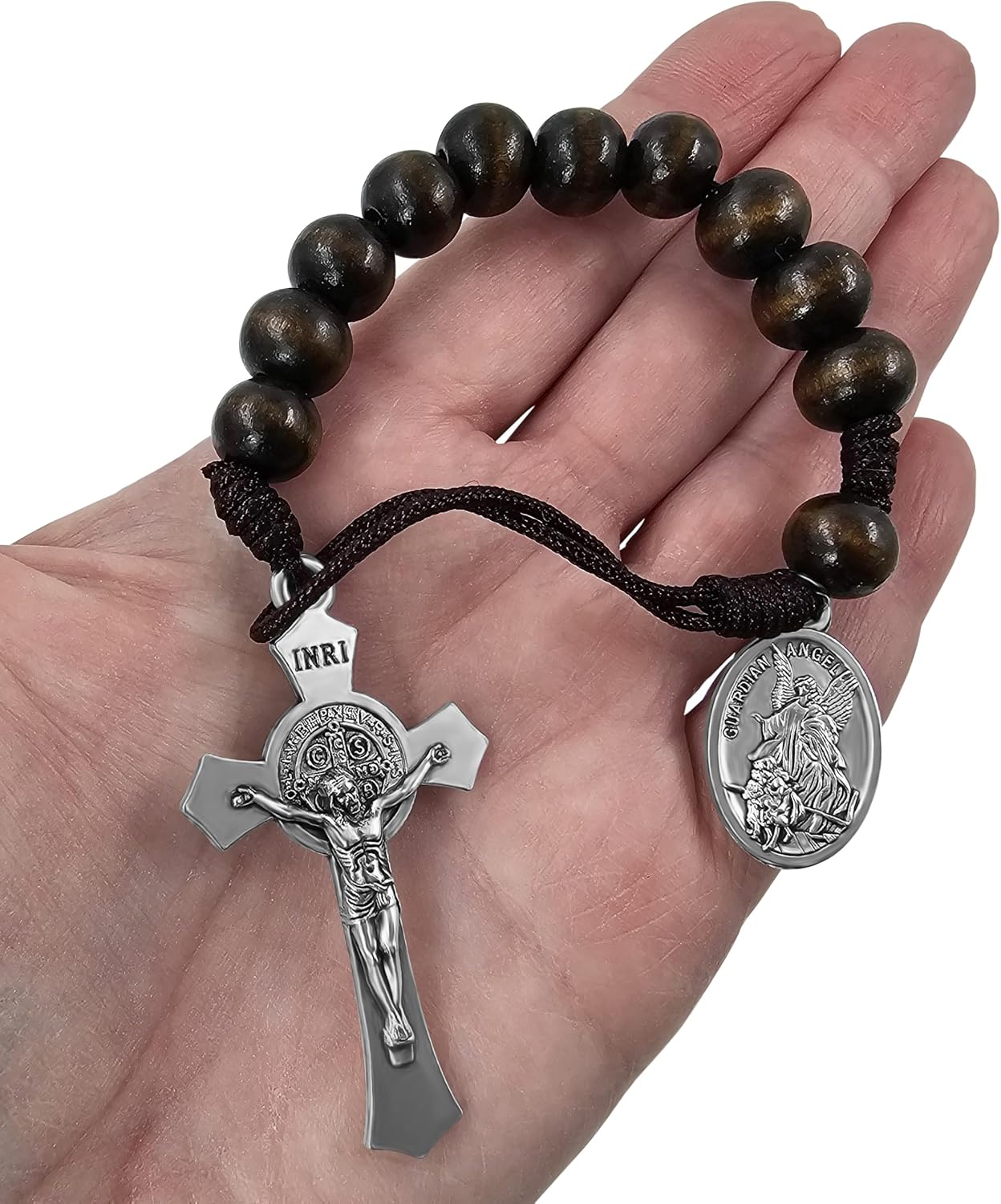 Saint Benedict Medal Crucifix One Decade Pocket Rosary Wood Bead