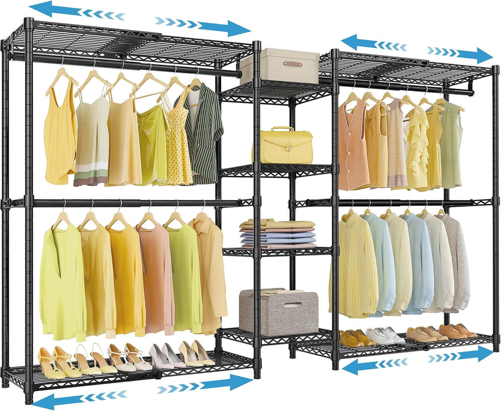 X3 Expandable Heavy Duty Clothes Rack Adjustable from 5'2" to 8' with Adjustable Shelves and Hanger Rods, Large