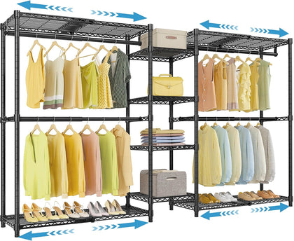 X3 Expandable Heavy Duty Clothes Rack Adjustable from 5'2" to 8' with Adjustable Shelves and Hanger Rods, Large