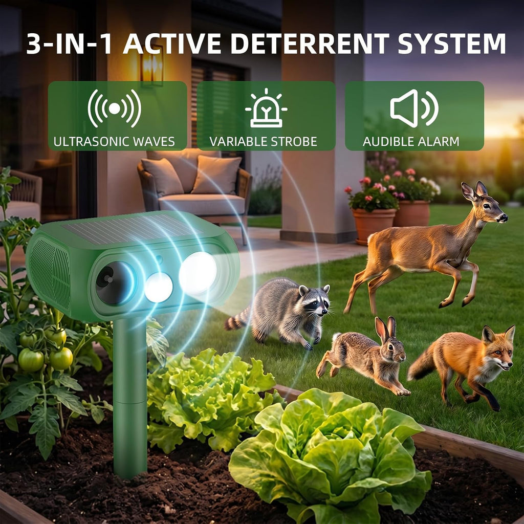Solar Ultrasonic Animal Repellent Outdoor, 2 Pack Deer Repellent Devices | PIR Motion Sensor, 4 Modes, White Flashing