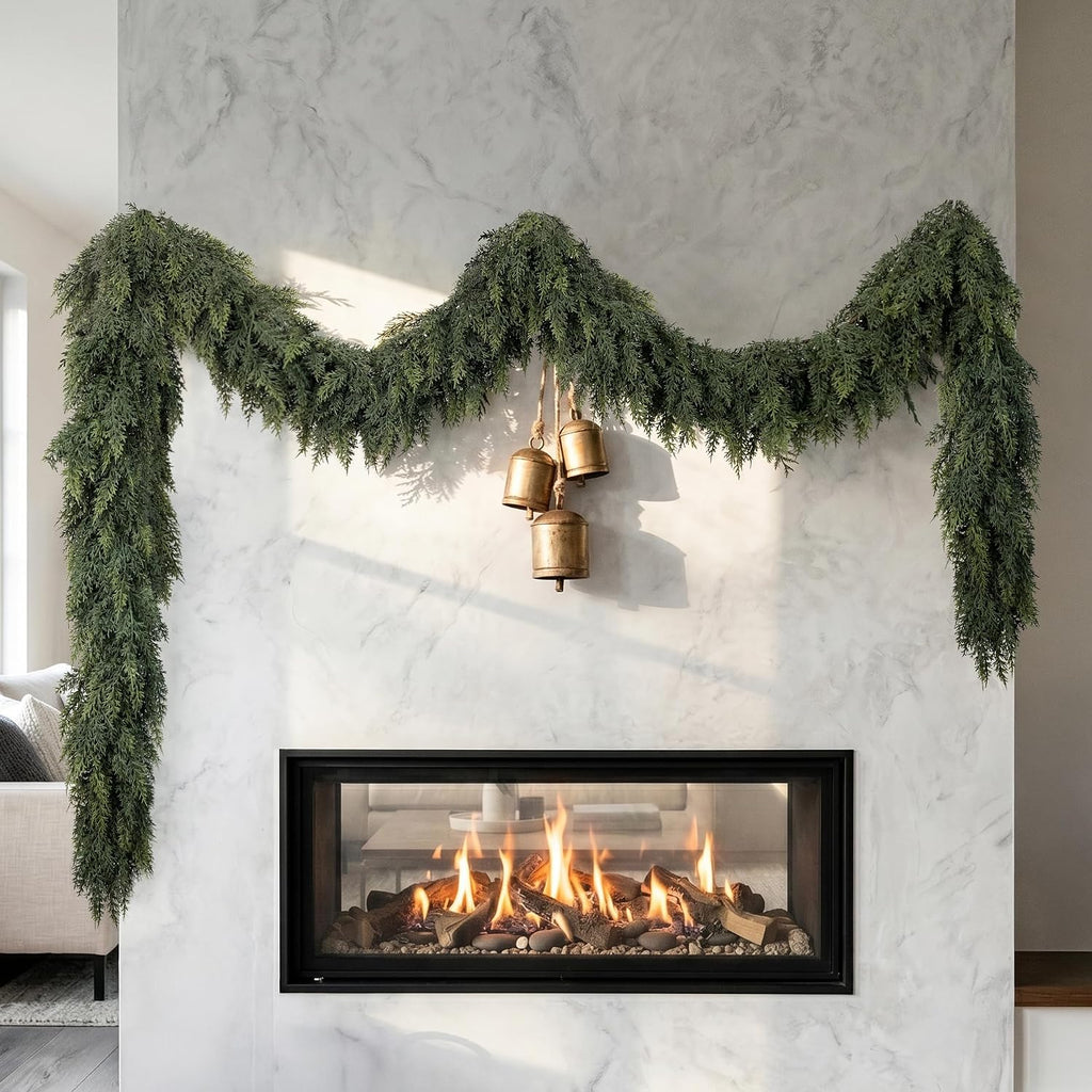 9Ft Christmas Cedar Garland, Real Touch Soft Greenery Christmas Decorations | Realistic Thick Full Lush Artificial