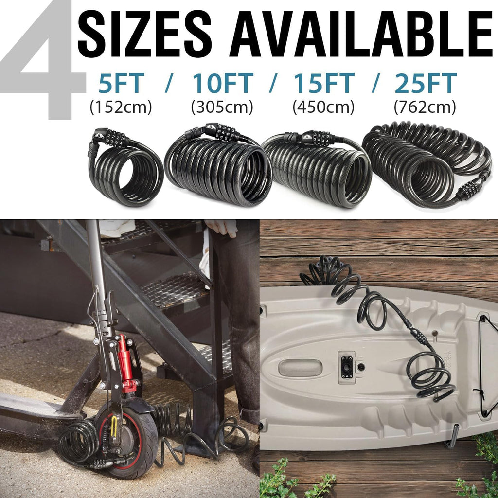 Combination Bike Lock Cable- 3/8 inch (5FT, 10FT, 15FT, 25FT) Resettable Combination Lock, Anti-Theft Coiled Secutiry