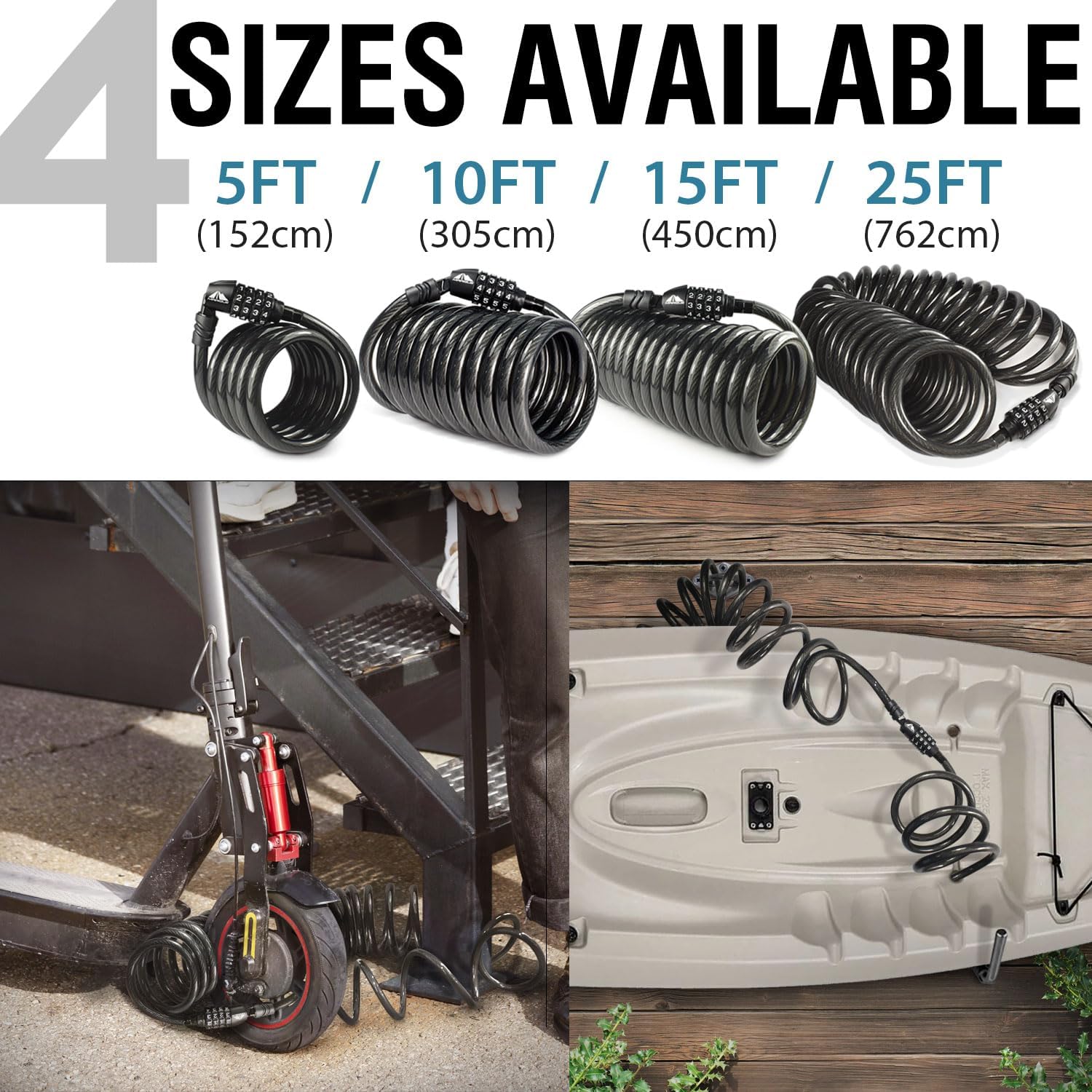 Combination Bike Lock Cable- 3/8 inch (5FT, 10FT, 15FT, 25FT) Resettable Combination Lock, Anti-Theft Coiled Secutiry