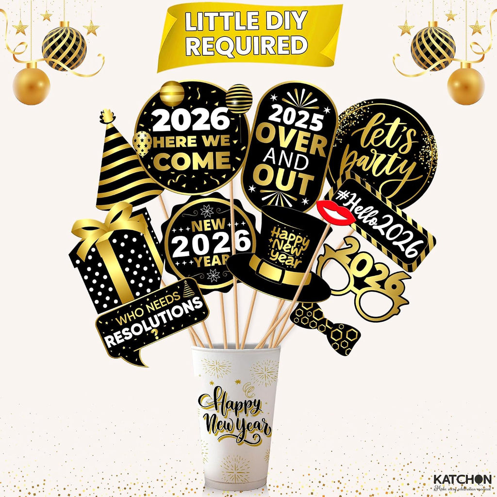 New Years Eve Photo Booth Props 2026, Pack of 35 | Gold and Black New Years Photo Booth Props for Happy New Years