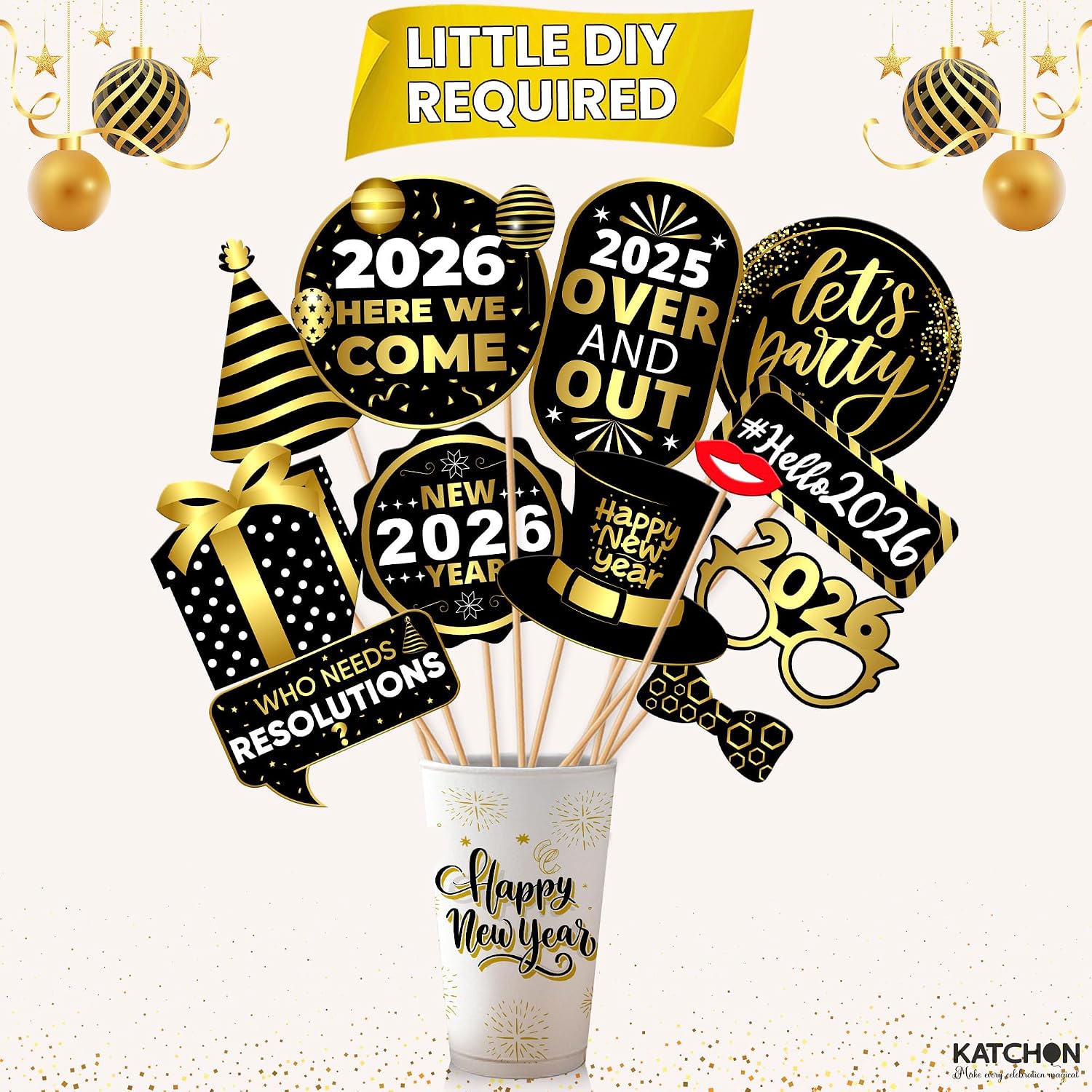 New Years Eve Photo Booth Props 2026, Pack of 35 | Gold and Black New Years Photo Booth Props for Happy New Years