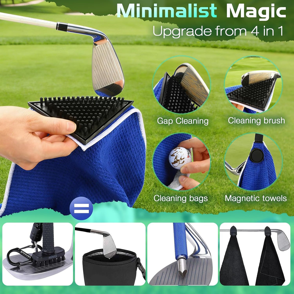 Magnetic Golf Towel, 4-in-1 Golf Club Cleaning Kit with Groove Cleaner Brush & Storage Pocket, 3-Stage Waffle