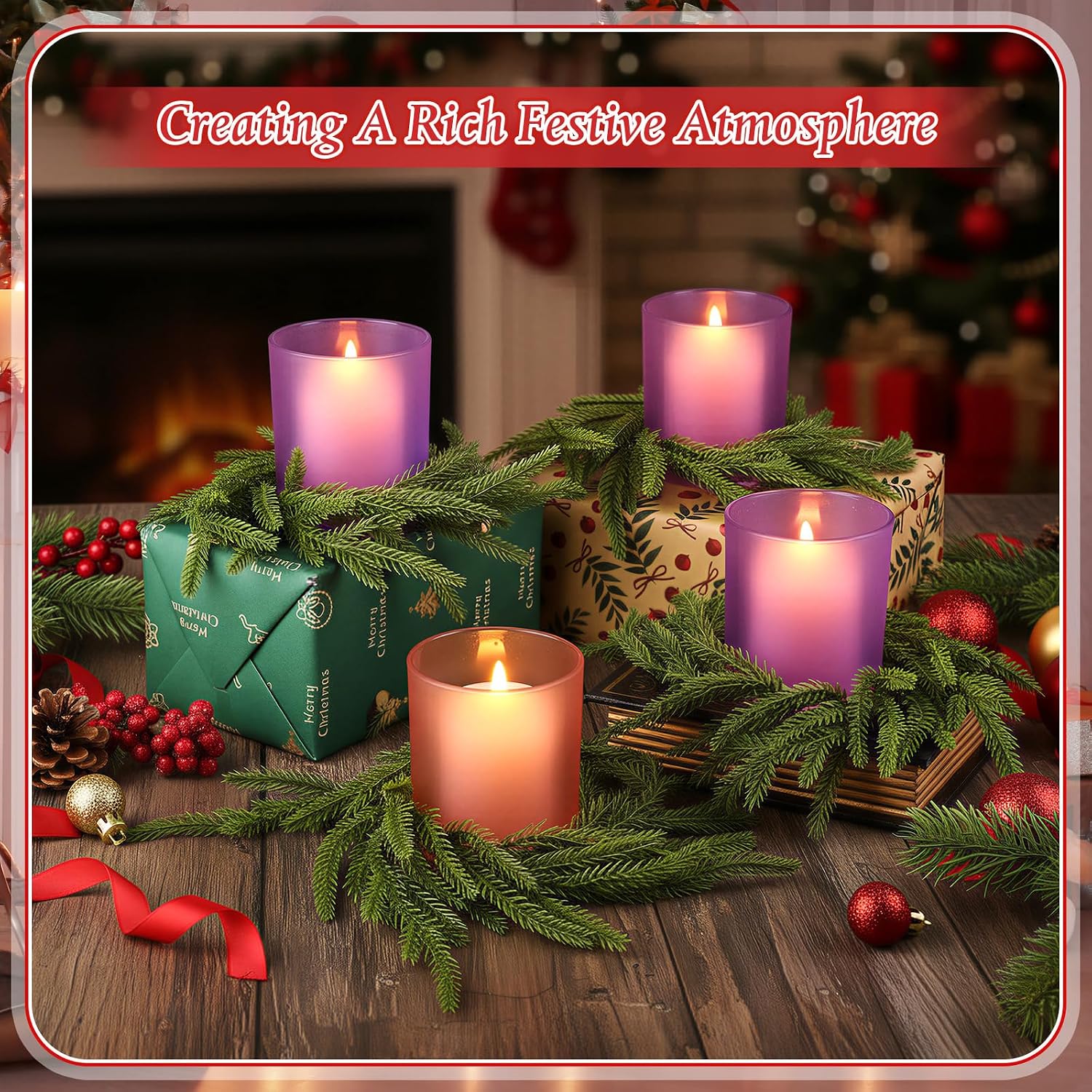4 Pcs Christmas Advent Candle Holder with Wreath Catholic Nativity Scene Glass Votive Tealight Candle Holders Purple
