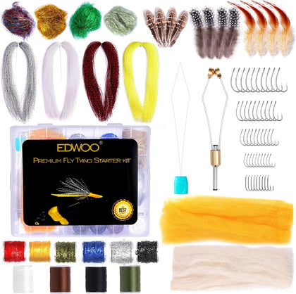 Fly Tying Materials kit, 87pcs Starter kit, Fly Tying Tools Bobbin-Holder,Hooks,Crystal Flash,Thread,Chenille,Fishing