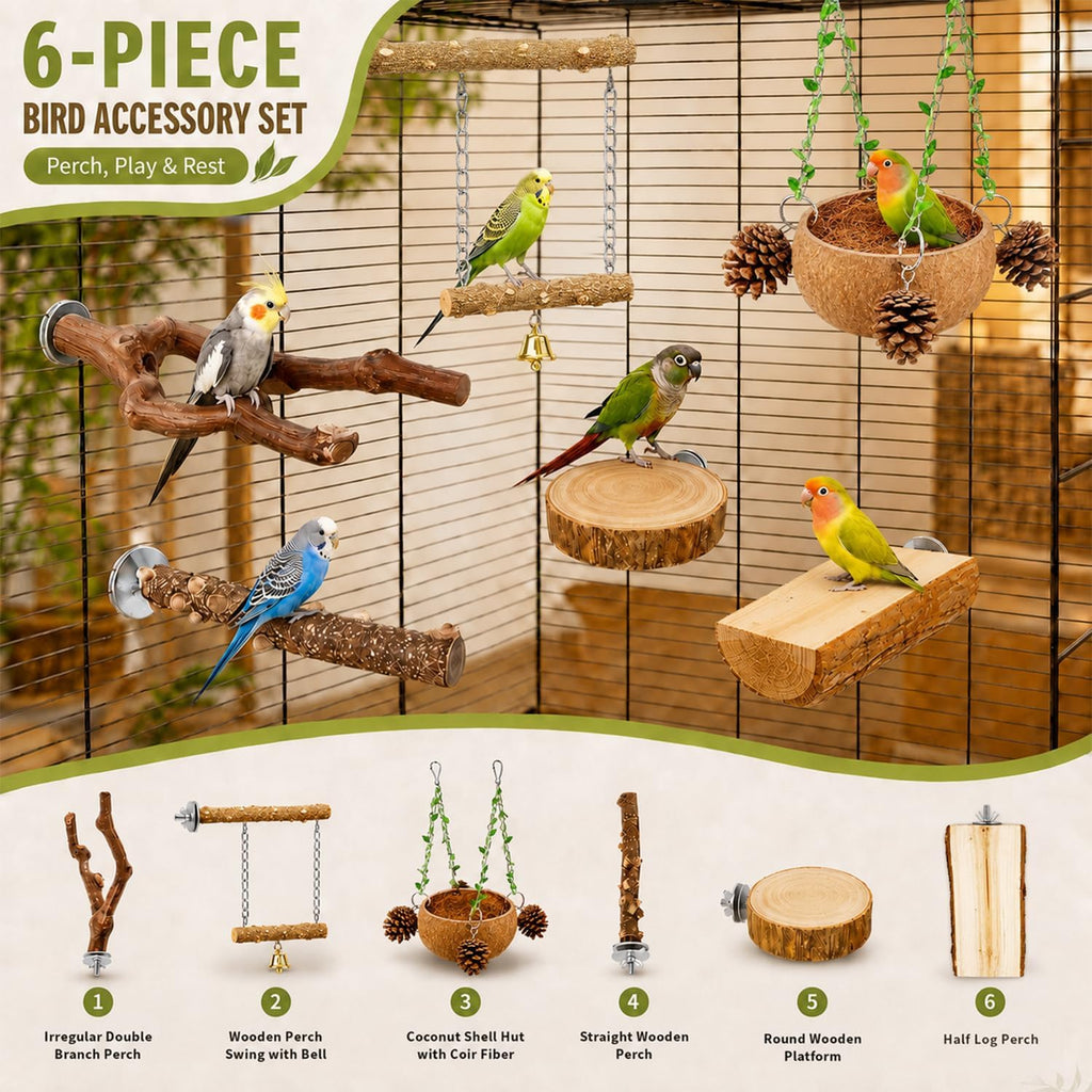 Bird Perch Bird Cage Accessories Parrot Toys Natural Wood 6Pcs Set for Parakeet Cockatiel Conure Lovebird Small