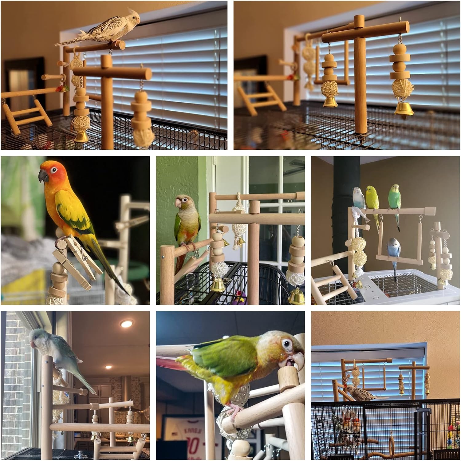 Bird Cage Play Stand Toy Set-Birdcage Wood Stands Hanging Chew Toys Ladder Swing Parrot Perch Play Gym Playground