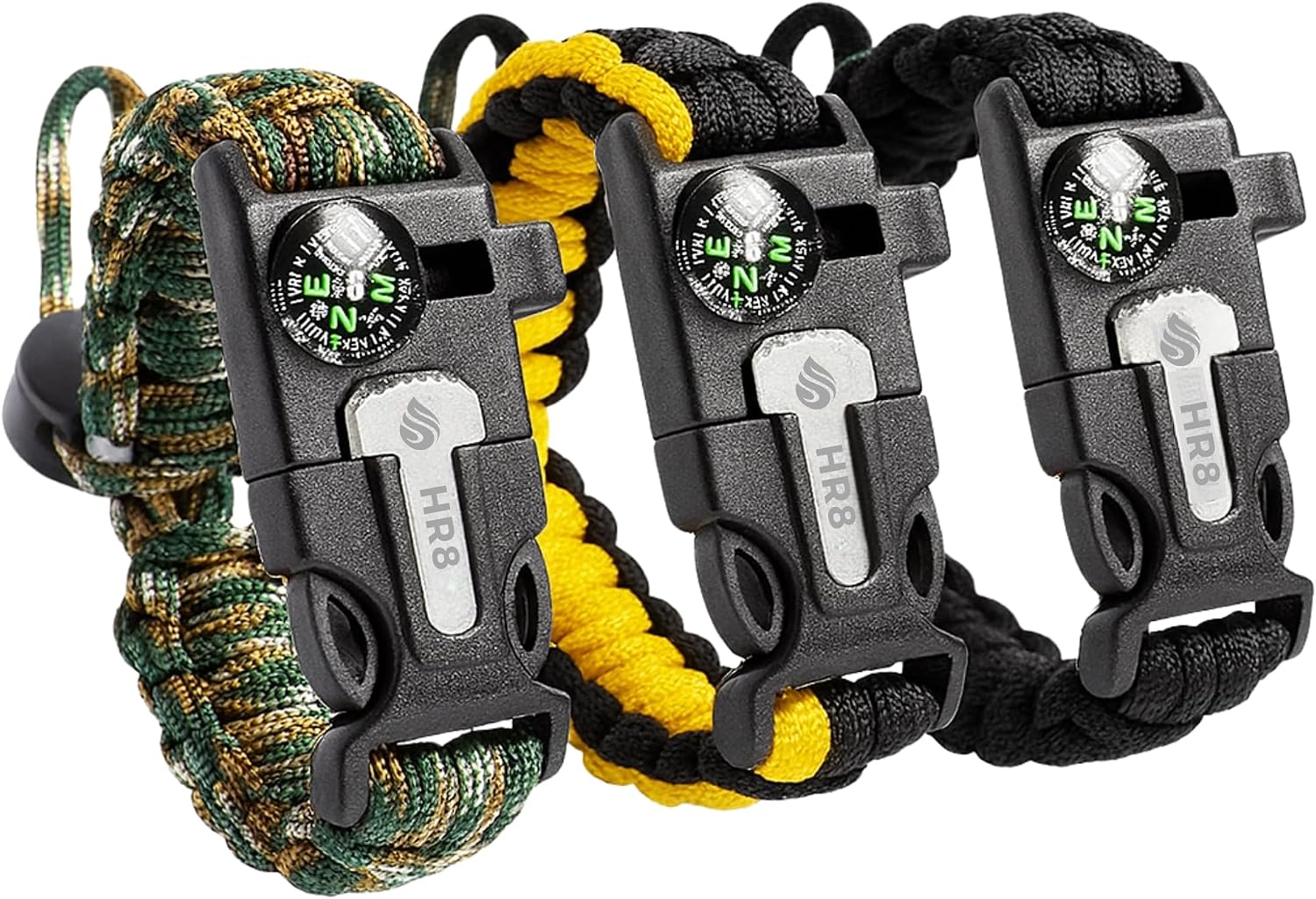 Paracord Survival Bracelet (3 Pack) – Adjustable Paracord Bracelets, Hunting Gear with Fire Starter, Compass, Whistle