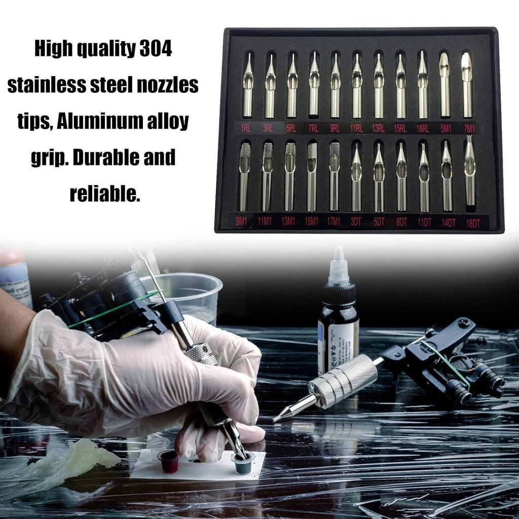 Traditional Tattoo Tips and Grips - 3 Pcs Aluminum Grips & 22 Pcs Stainless Steel Tips (Round, Diamond, Magnum, RT