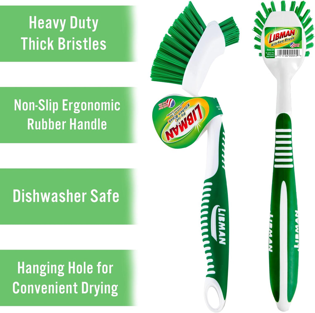 Libman Dish Brush Set with Long Handle - Deep Cleaning Brushes - Dish Scrubber & Scraper - Kitchen Scrub Brush for
