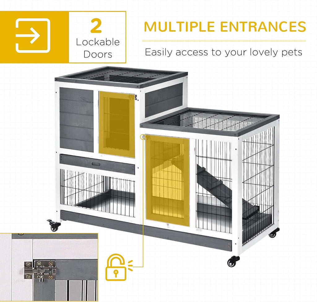 Wooden Rabbit Hutch Elevated Bunny Cage Indoor Small Animal Habitat with Enclosed Run with Wheels, Ramp, Removable