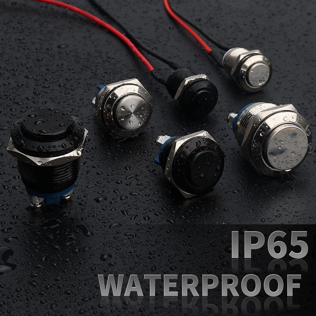STARELO 5pcs 12mm Momentary Push Button Switch Silver Shell with pre-Wiring, IP65 Waterproof Push Button Switch,Stainless Steel 1 Normally Open Without LED.
