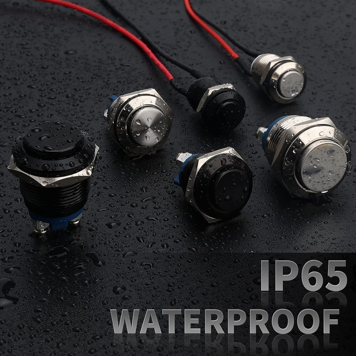 STARELO 5pcs 12mm Momentary Push Button Switch Black Shell with pre-Wiring, IP65 Waterproof Push Button Switch,Aluminum Alloy 1 Normally Open Without LED.